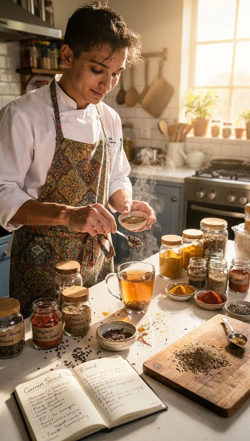 Fűszeres köménymagok egy fából készült tálban, természetes környezetben.