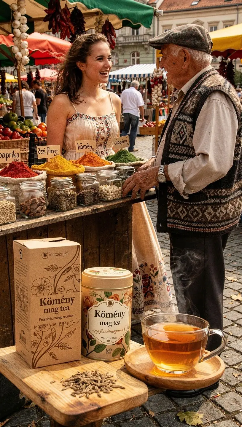 Köményes tea, háttérben a természet szépségeivel, zöld levelekkel és virágokkal.